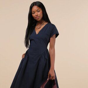 Lulu's Navy Modern Concept Navy Short Sleeve V-Neck Midi Dress With Pockets